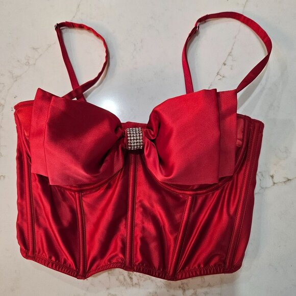 Victorias Secret Red Cupped Bow Bra Top 34C Corset Bustier Rhinestone NEW! - Picture 4 of 10